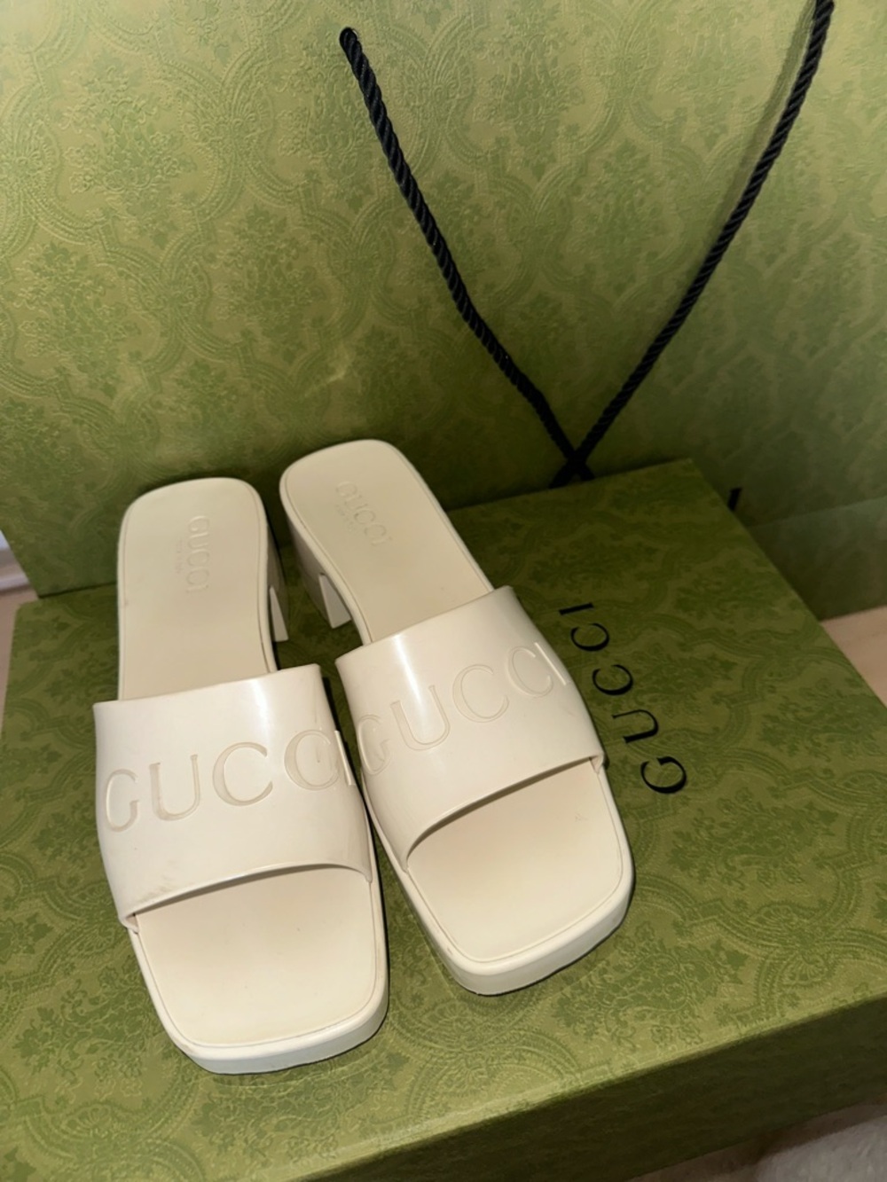 Gucci White Embossed Logo Slide Mules - Picture 2 of 10